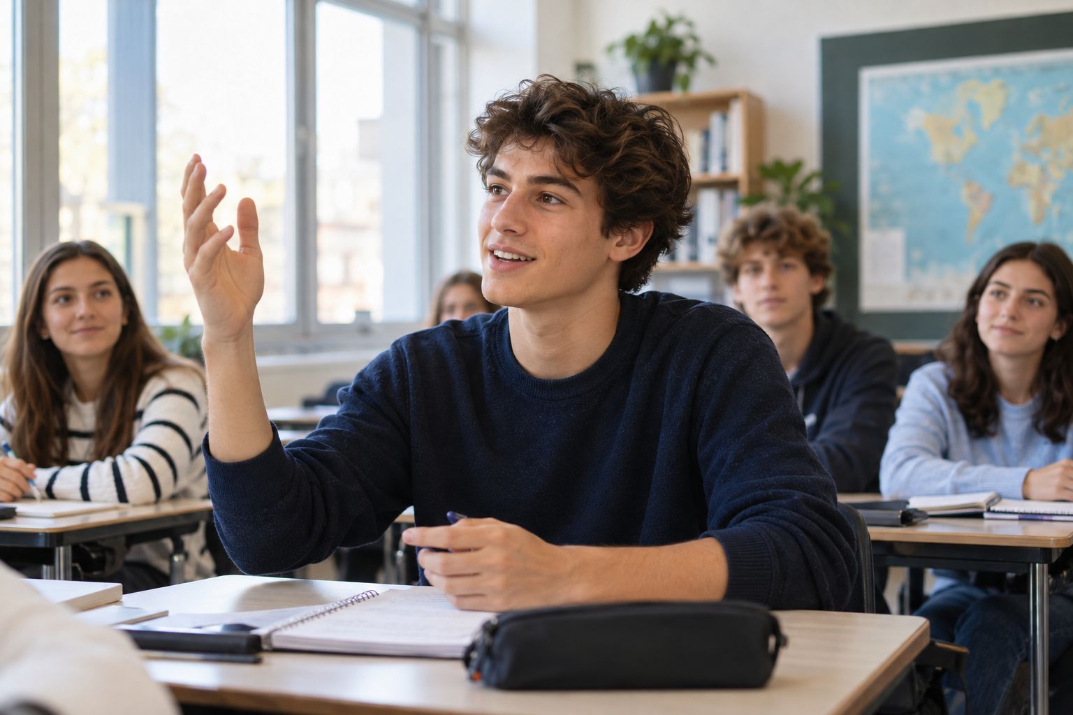 Jeune détendu et confiant prenant la parole en classe